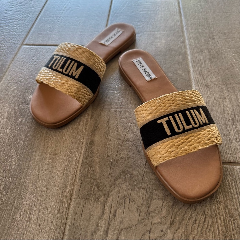 Steve Madden Knox Tulum Tan and Black Slide Sandals